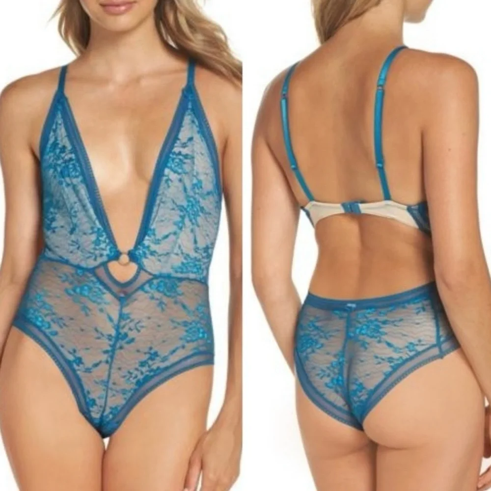 Intimately Free People FP No Trace Lace Bodysuit Teal Blue XS OB831127 SHEER EUC